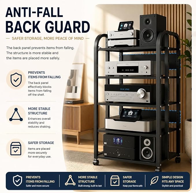 5-Tier Av Media Stand with Wheels, Audio Tower Rack with Adjustable Shelves, Stereo Racks and Stands with Storage Shelves, Media Console for Home, Office, Theater, Black