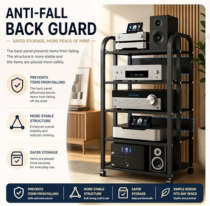5-Tier Av Media Stand with Wheels, Audio Tower Rack with Adjustable Shelves, Stereo Racks and Stands with Storage Shelves, Media Console for Home, Office, Theater, Black