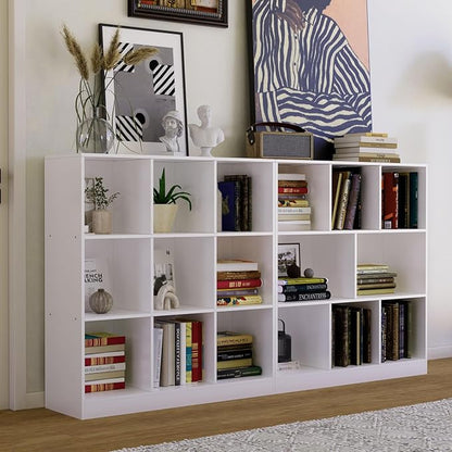 9-Cube Wooden Bookshelf with Base,3-Tier Freestanding Open Storage Organizer,Multi-Functional Bookcase for Living Room,Bedroom,Study and Office (White, 9-Cube)