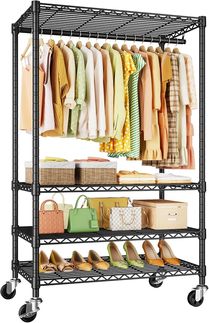 P9 Rolling Clothes Rack Heavy Duty, Clothing Racks for Hanging Clothes, 4 Tiers Garment Rack with Wheels, Metal Portable Closet Rack, 35.5" L X 15.8" W X 80.5" H, Max Load 445 LBS, Black