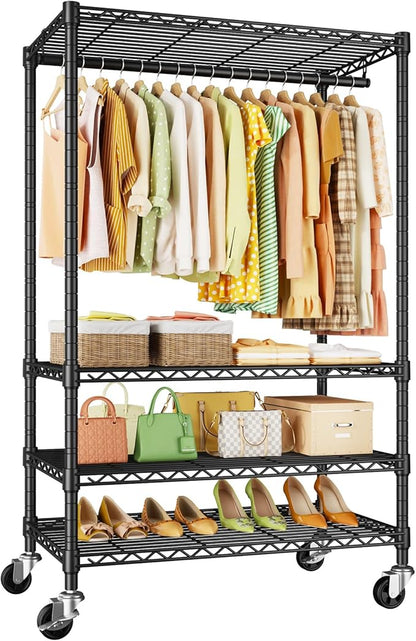 P9 Rolling Clothes Rack Heavy Duty, Clothing Racks for Hanging Clothes, 4 Tiers Garment Rack with Wheels, Metal Portable Closet Rack, 35.5" L X 15.8" W X 80.5" H, Max Load 445 LBS, Black