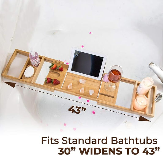 Premium Bamboo Bathtub Tray Caddy for Tub - Expandable Foldable Bath Tray - Unique House Warming Gifts, New Home, Anniversary & Wedding Gifts for Couple, Bath Table Bridal Shower Gift