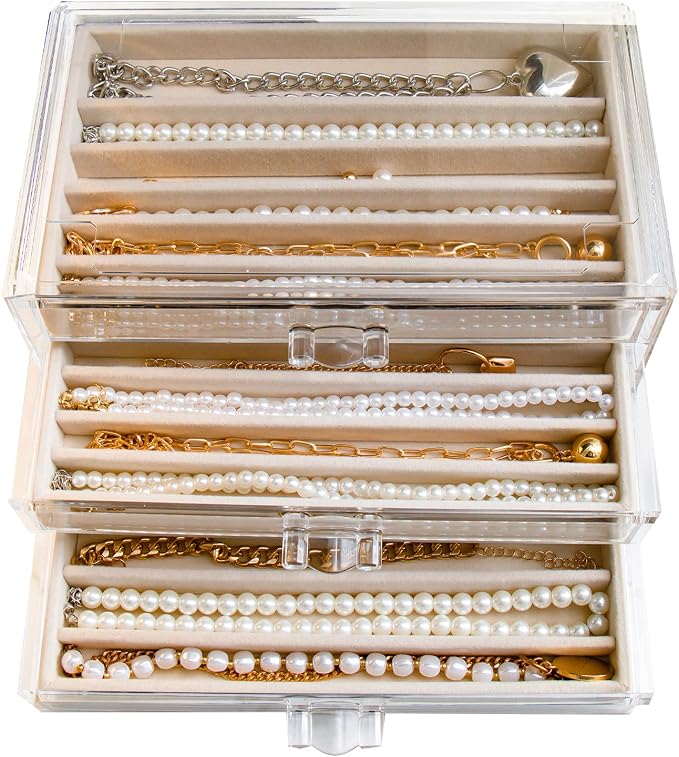 YUFONG Necklace Holder Organizer, Dustproof Necklace Box Velvet Necklace Organizer Box with Lid Clear Acrylic Dustproof Stackable Jewelry Displays for Necklaces Chain Display (Beige, 3 Drawer)