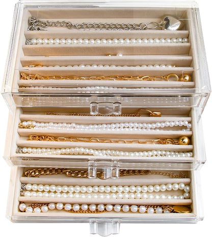 YUFONG Necklace Holder Organizer, Dustproof Necklace Box Velvet Necklace Organizer Box with Lid Clear Acrylic Dustproof Stackable Jewelry Displays for Necklaces Chain Display (Beige, 3 Drawer)