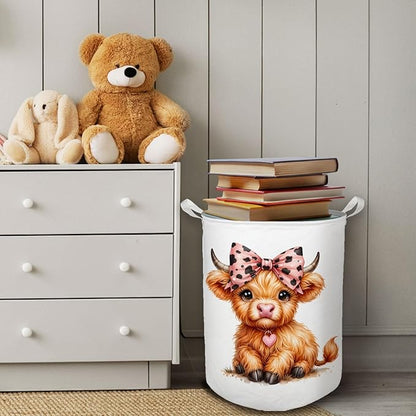 HKTZM Highland Cow Baby Nursery Laundry Basket, Toybox for Girls Room, Pink Leopard Bow Cow Laundry Basket Waterproof Collapsible Clothes Toys Storage Bin Organizer for Kids Room Playroom Bathroom