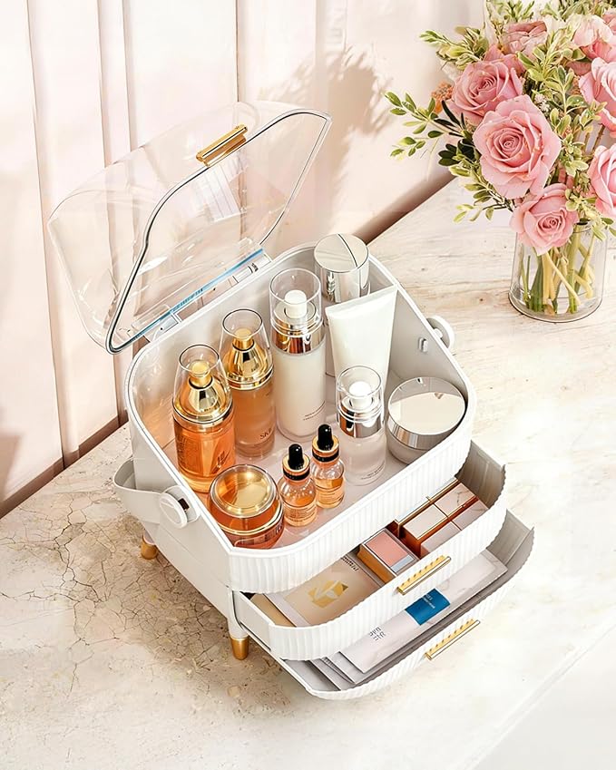 Makeup Organizer and Storage for Bathroom Vanity Countertop, Portable Travel Cosmetic Display Cases with Lid and Drawers, Gift for Women and Girls -White