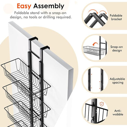 LUXEAR Over the Door Pantry Organizer, 6-Tier Adjustable Over the Door Hanging Spice Rack, No-Assembly Foldable Metal Over the Door Organizer for Kitchen, Home, Laundry Room, Bathroom
