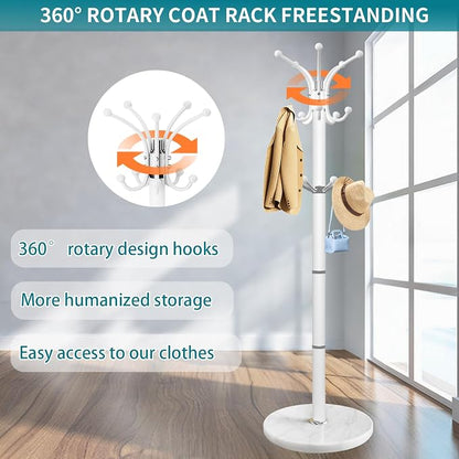 OIRUMIE Coat Rack with Natural Marble Base, Metal Freestanding Coat Racks with 14 Hooks, 360°Rotary Coat Rack Stand for Hanging Scarf, Bag, Jacket, White Coat Clothes Tree Hanger Holder Stand