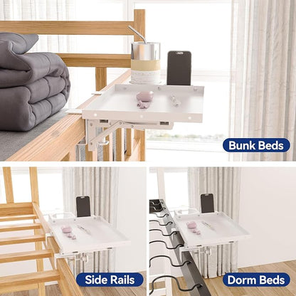 Metal Bedside Shelf Table Tray with Cup Holder, Foldable Bed Side Table for Bunk Bed & Top Bunk, College Dorm Room Essentials for Guys & Girls, Clip-on Laptop Nightstand for IKEA Beds, White