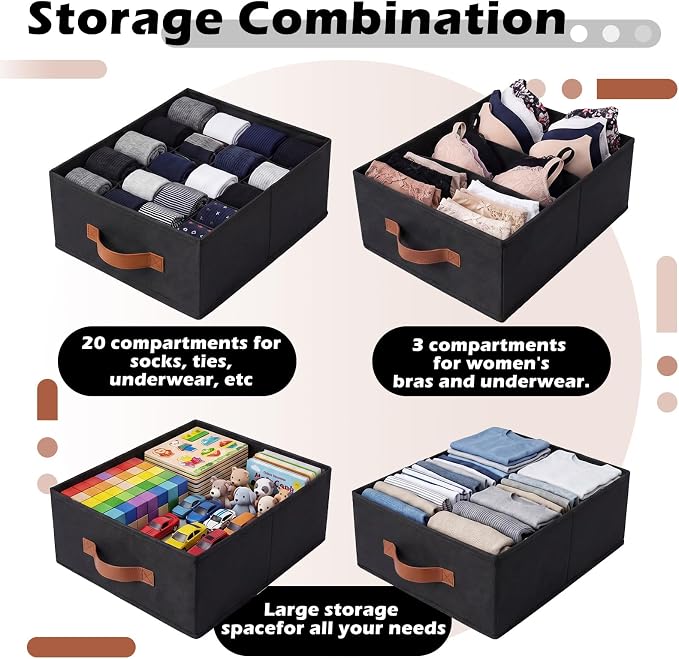 Windyun 4 in 1 Stackable Storage Drawers Closet Organizer with Dividers for Socks Underwear Bras Scarves Ties Large Dresser Organizer Bins Foldable Clothes Storage Boxes, 12 x 15 x 6 Inch(Black)