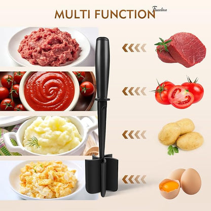 Meat Masher, Ground Beef Chopper Tool with 5 Curve Blades & Ergonomic Non-Slip Handle, Nylon Hamburger Smasher Tool Heat Resistant Non Stick(Black)
