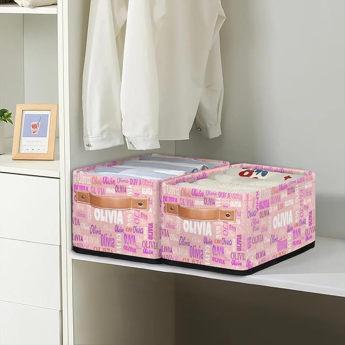 Personalized Narrow Storage Bins, Customized Name Pale Pink Storage Basket Rectangle Organizer for Organizing Kids Pets Toys Towels Socks Shelf Closet
