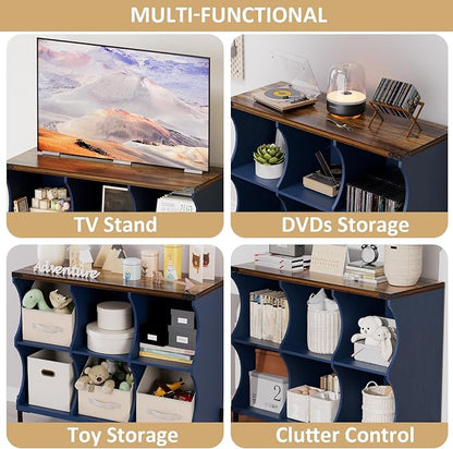 6 Cube Book Shelf, Low and Short Bookshelf, Long Cube Storage Organizer Wood TV Stand, Toy Organization DVD Cabinets for Living Room, Office, Bedroom, Dorm, Blue with Natural Top
