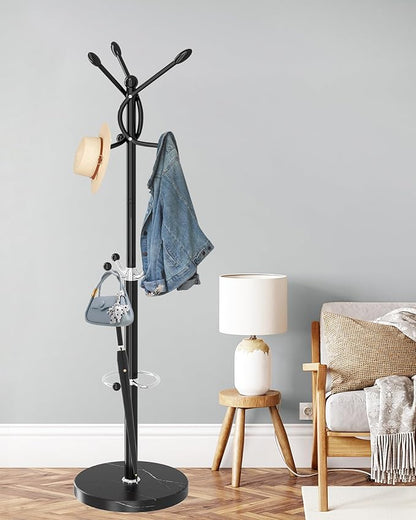 ZOZOE Metal Coat Rack Stand, Modern Coat Rack Freestanding with Natural Marble Base, Sturdy Coat Racks with 10 Hooks & Umbrella Holder,Black Coat Tree Hanger Stand for Bags,Hats,Entryway,Office