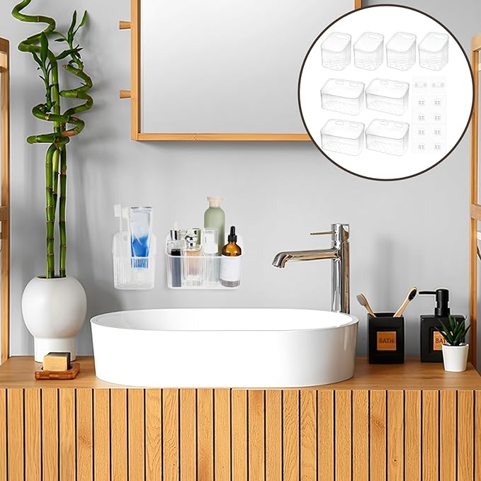 8 Pcs Clear Wall Basket, Wall Mounted Storage Bins Cabinet Door Organizer Plastic Shower Caddy with Self-Adhesive Hanger, Large Containers Box for Bathroom, Kitchen, Pantry, Countertop, No Drill Shelf