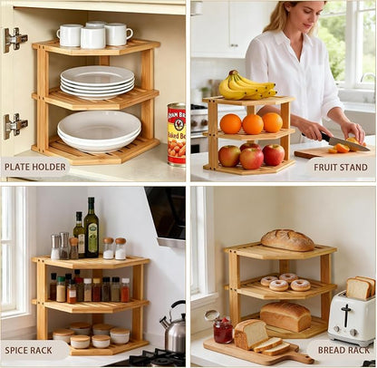 Bamboo Plate Holder Set,3 Tier Corner Shelf & Vertical Plate Stand,Sustainable Dish Organizer for Cabinet,Countertop,Small Space Organization,Durable Dish Rack for Cups,Cutting Boards ,Books - 2 Set