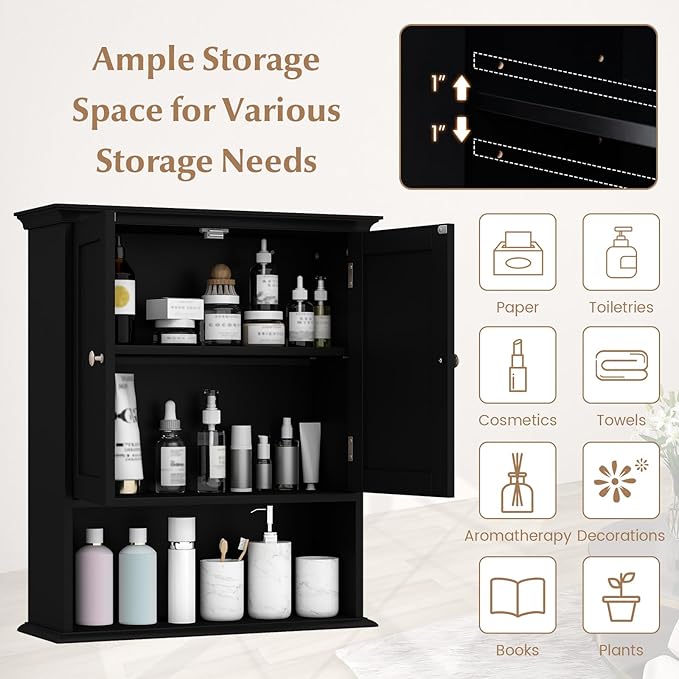 Giantex Bathroom Cabinet Wall Mount, Medicine Cabinet with Adjustable Shelf, Open Shelf, Over The Toilet Space Saver Storage Organizer for Laundry Room, Kitchen, Cupboard (Black)
