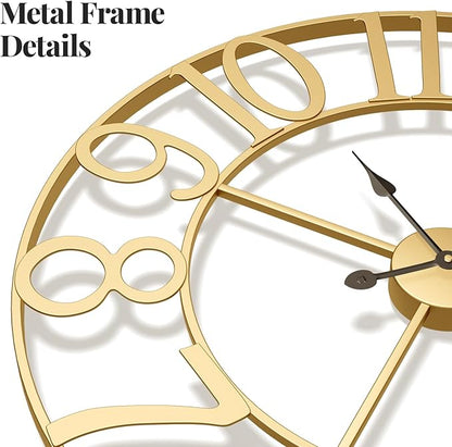 Cuspin Large Wall Clock 24 Inch Gold, Decorative Wall Clocks Battery-Operated, Modern Metal Round Clock Silent Non Ticking Arabic Numerals for Living Room Kitchen Mantel Bedroom Office Decor