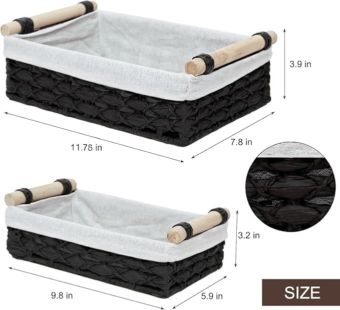 Baskets for Organizing, Set of 2 Black Paper Rope Bathroom Countertop Baskets with Liner, Woven Basket Organizer with Wooden Handles for Vanity, Counter, Shelf Storage