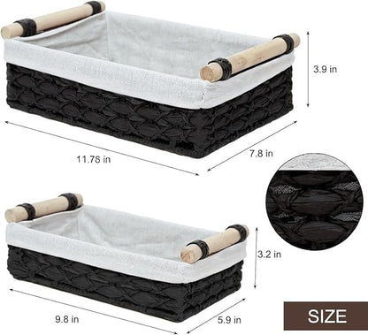 Baskets for Organizing, Set of 2 Black Paper Rope Bathroom Countertop Baskets with Liner, Woven Basket Organizer with Wooden Handles for Vanity, Counter, Shelf Storage