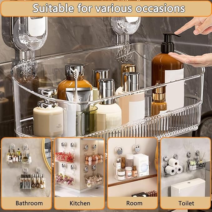 No-Drill Bathroom Suction Storage Box – Large Capacity & Strong Load-Bearing, Removable Hanging Shower Basket Caddy Organizer Drain Rack, with Drainage Hole & Adhesive Backing (Gold, 2pcs)