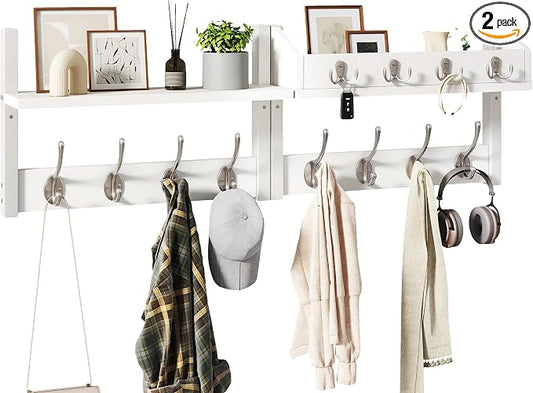 YMYNY 31.5" Coat Rack Wall Mount with Shelf, 4 in 1 Key and Coat Hanger with 12 Metal Hooks, Wall Shelf with Hooks & Mail Holder for Living Room, Bedroom, White, HWS007W-2