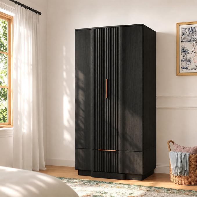 Yechen 67" Fluted Armoire Wardrobe Closet with Doors and Drawer, Wooden Wardrobe Closet Cabinet with Adjustable Shelve, Modern Small Armoires Storage Clothes, Coats for Bedroom, Black