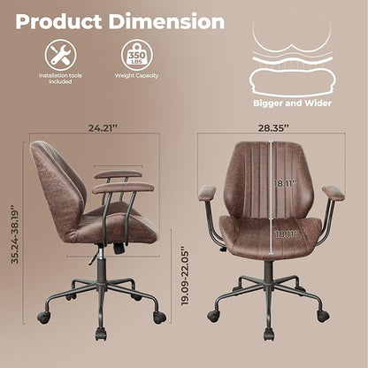 ovios Home Office Chair, Mid-Century Modern Faux Suede Leather Ergonomic Chairs, Mid Back Comfy Computer Swivel Rolling Task Executive Armchair, Dark Brown