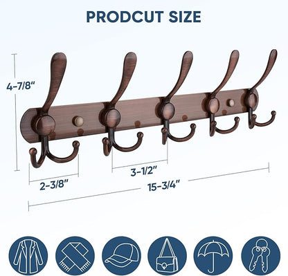 TICONN Wall Mounted Coat Rack, Five Heavy Duty Tri Hooks All Metal Construction for Jacket Coat Hat in Mudroom Entryway (Antique Bronze, 2-Pack)
