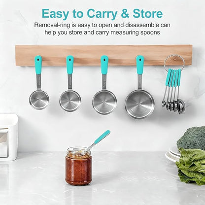 Measuring Cups and Spoons Set Stainless Steel 10 Piece for Cooking and Baking (5 Cups + 5 Spoons, Aqua Sky Handle)