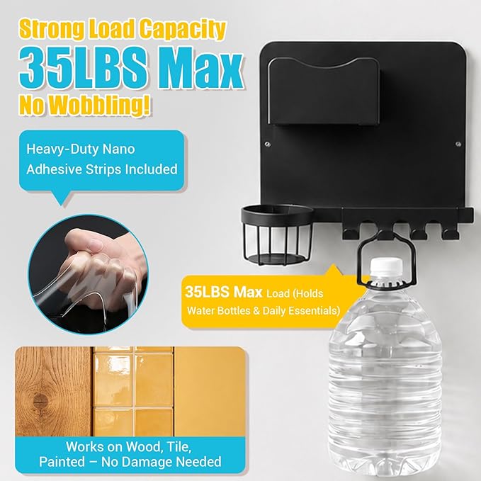 Metal Bedside Wall Shelf, No Drill Floating Bedside Shelf Wall Organizer | Bedside Wall Shelf with Detachable Cup Holder for Bedroom, Dorm, Nightstand Alternative, Bunk Bed Accessories & RV Storage
