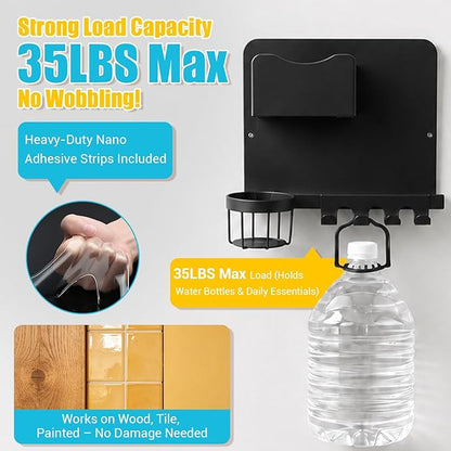Metal Bedside Wall Shelf, No Drill Floating Bedside Shelf Wall Organizer | Bedside Wall Shelf with Detachable Cup Holder for Bedroom, Dorm, Nightstand Alternative, Bunk Bed Accessories & RV Storage