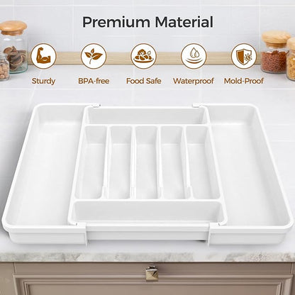 ukeetap Extra Large Expandable Silverware Organizer, BPA-Free Food-Safe Cutlery Flatware Organizer, Kitchen Utensil Drawer Organizer, Adjustable Silverware Holder for Spoons Forks Knives, White