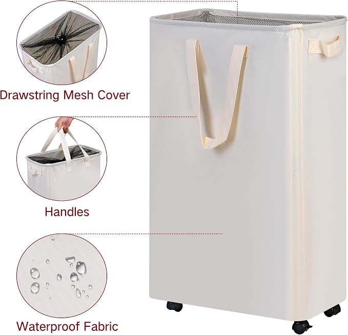 Slim Laundry Hamper with Wheels, Rolling Laundry Basket for Clothes, Small Laundry Basket for Bedroom, Dorm and Laundry Room, 75L (19.8 Gallons) Beige