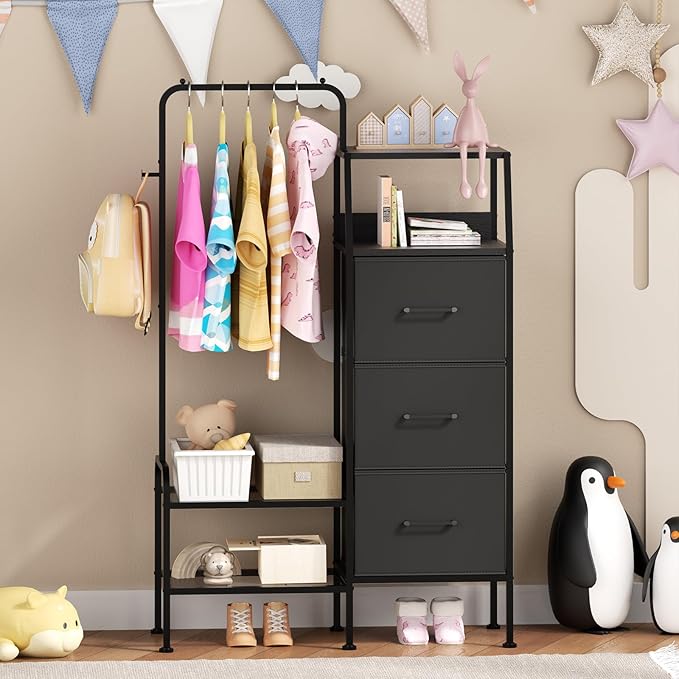 SWTYMIKI Dresser with Hanging Rack - 3 Fabric Drawers Kids Dresser for Bedroom - Reversible Tall Storage Tower, Small Space Clothes Storage Organizer Cabinet for Apartment, Dorm 49.21''H, Black