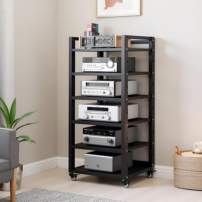 6 Tier AV Media Stand, 47in Audio Rack Tower Stereo Components Cabinet, Home Theatre CD Record Player Stereo Receiver Equipment Rack with Adjustable Wood Shelves, Load 400lbs (Black)
