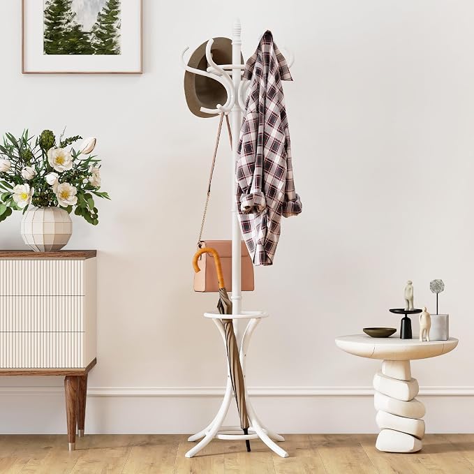 Giantex Solid Wood Coat Rack, Freestanding Hall Tree w/12 Hooks, Umbrella Holder, Entryway Hanger Stand for Coat, Hats, Scarves, Bags, Wooden Garment Rack for Bedroom, Hallway (White)