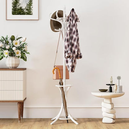 Giantex Solid Wood Coat Rack, Freestanding Hall Tree w/12 Hooks, Umbrella Holder, Entryway Hanger Stand for Coat, Hats, Scarves, Bags, Wooden Garment Rack for Bedroom, Hallway (White)