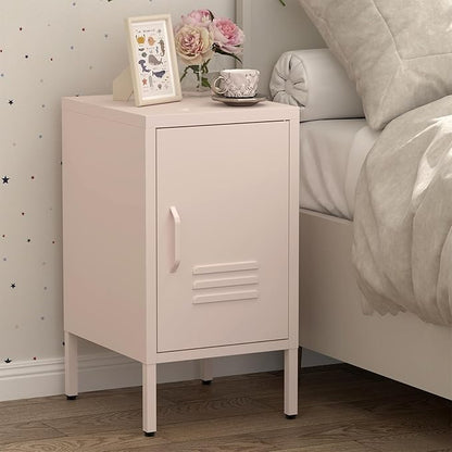 Metal Cabinet,Locker Nightstand with Shelf,Metal Storage Locker,Steel Bedside Storage Cabinets for Living Room Bedroom,Pink
