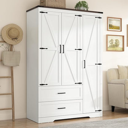 St.Mandyu Farmhouse Wardrobe Armoire Closet with 3 Doors and 2 Drawers, 70.1" Wooden Clothing Storage Cabinet, Freestanding Large Capacity Storage Wardrobe Armoire with Hanging Rod for Bedroom, White