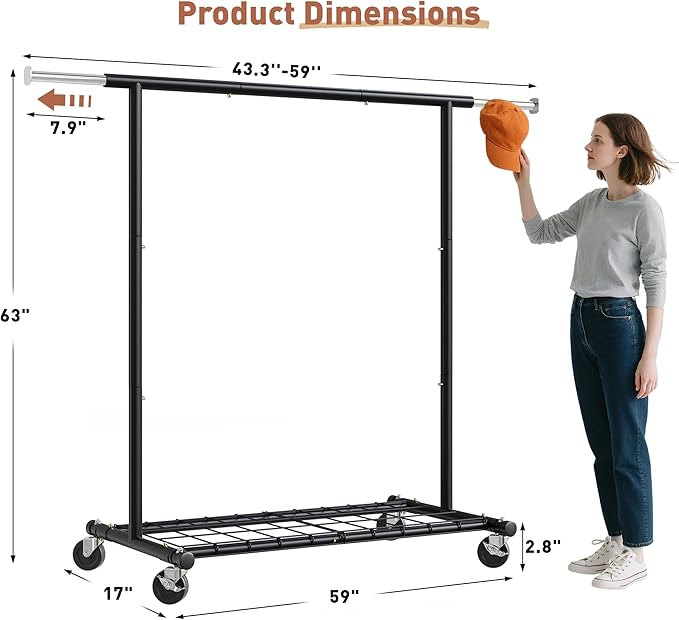 Raybee Clothing Rack for Hanging Clothes, Rolling Clothes Rack Load 250LBS, Metal Clothes Racks, Garment Rack with Wheels Portable, Black