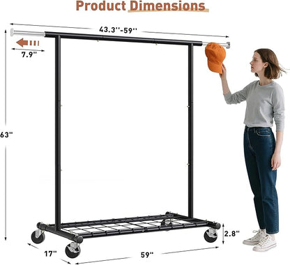 Raybee Clothing Rack for Hanging Clothes, Rolling Clothes Rack Load 250LBS, Metal Clothes Racks, Garment Rack with Wheels Portable, Black
