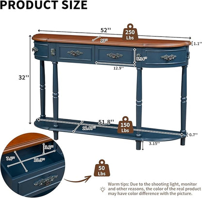 HMFULE Retro Curved Console Table, 52" Half Moon Sofa Entryway With 2 Drawers 1 Open Shelf, Solid Pine Legs for Living Room, Hallway, Navy Blue