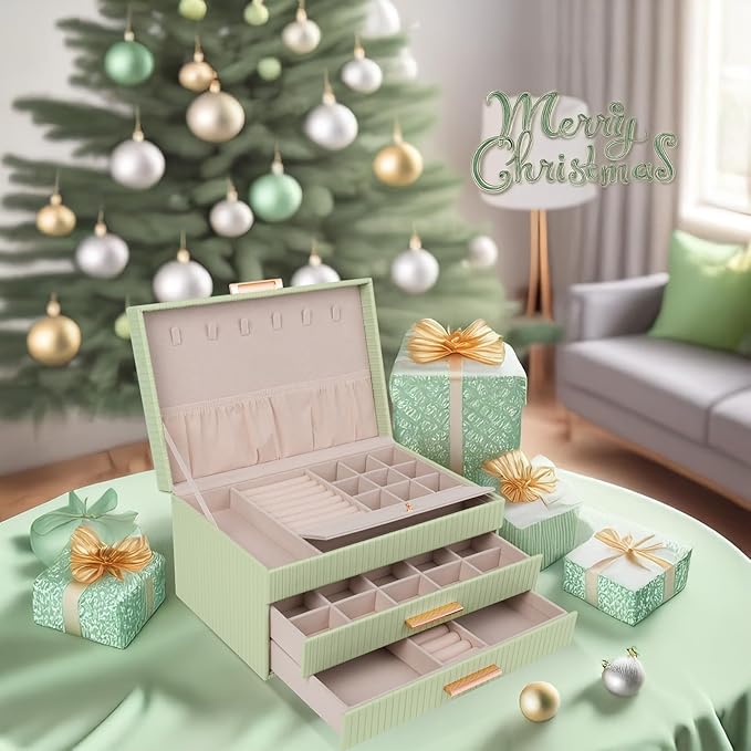 Dajasan Jewelry Organizer Box, Jewellery Boxes for Women, 3-Tier Jewelry Storage Organizer for Earring, Ring, Necklace, Bracelets (Avocado Green)