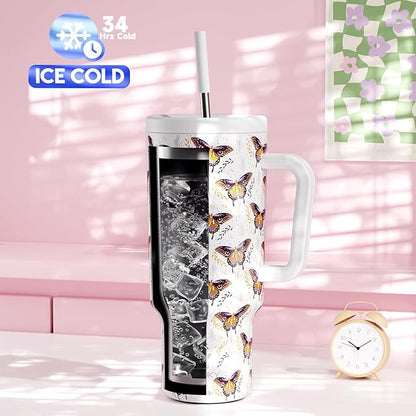 Meoky 40 oz Tumbler with Handle and Straw: Stainless Steel Insulated Tumbler with Lid and Straw - 100% Leak Proof Tumbler for Car Cup Holders - Travelers Commuters Workers, Flutterfly