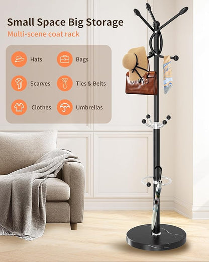 ZOZOE Metal Coat Rack Stand, Modern Coat Rack Freestanding with Natural Marble Base, Sturdy Coat Racks with 10 Hooks & Umbrella Holder,Black Coat Tree Hanger Stand for Bags,Hats,Entryway,Office