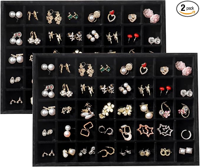 Large Velvet Jewelry Tray 2 Pack Stackable Jewelry Display Drawer Inserts Trays Organizer for Earring Bracelet Necklace Ring (Black, 40 Grids)