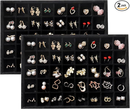 Large Velvet Jewelry Tray 2 Pack Stackable Jewelry Display Drawer Inserts Trays Organizer for Earring Bracelet Necklace Ring (Black, 40 Grids)