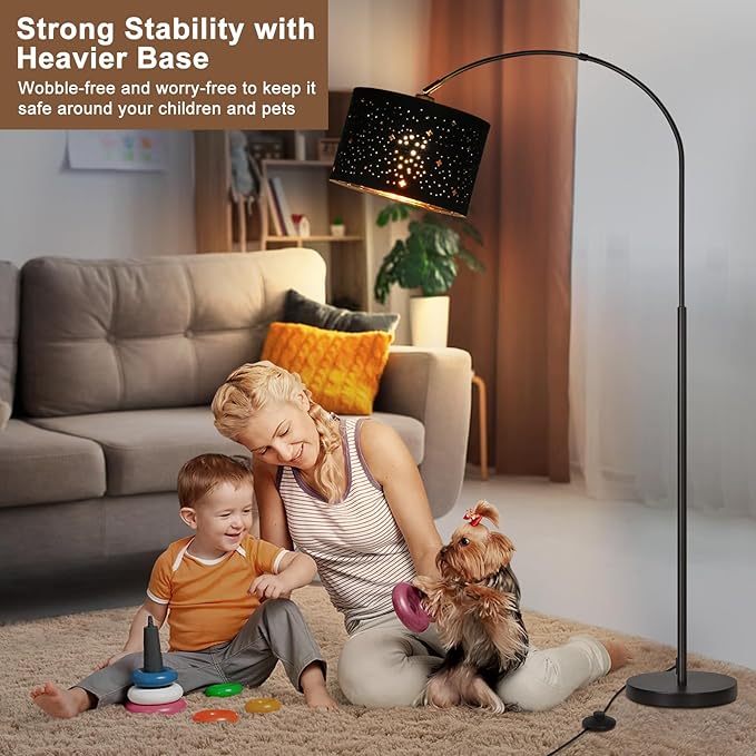 Seaside Village Modern Arc Floor Lamp, Tall Pole Lamp with Black Stars Lampshade, Arched Reading Light with 350Adjustable Lamp Head, Over Couch Hanging Light for Living Room, Bedroom, Office (Black)