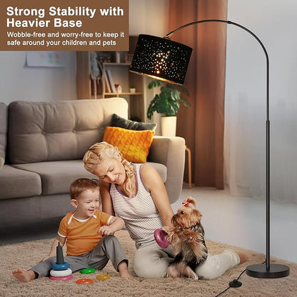 Seaside Village Modern Arc Floor Lamp, Tall Pole Lamp with Black Stars Lampshade, Arched Reading Light with 350Adjustable Lamp Head, Over Couch Hanging Light for Living Room, Bedroom, Office (Black)